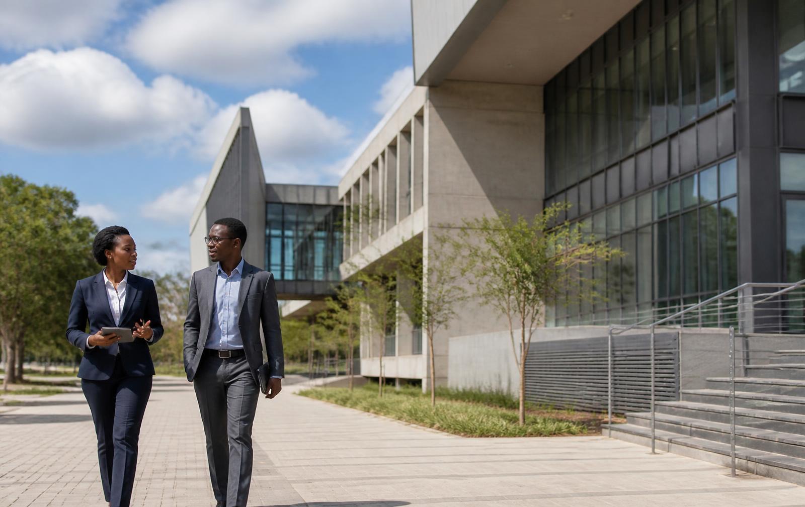 Two professionals walking outside a modern African university science and technology campus building
